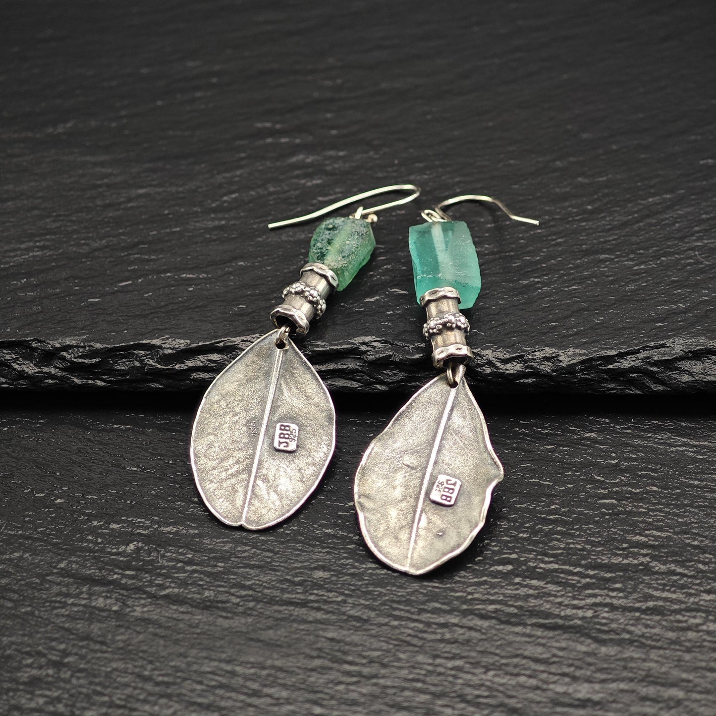 Vintage Green Sea Glass, Leaf Fish Hook Earrings Sterling Silver