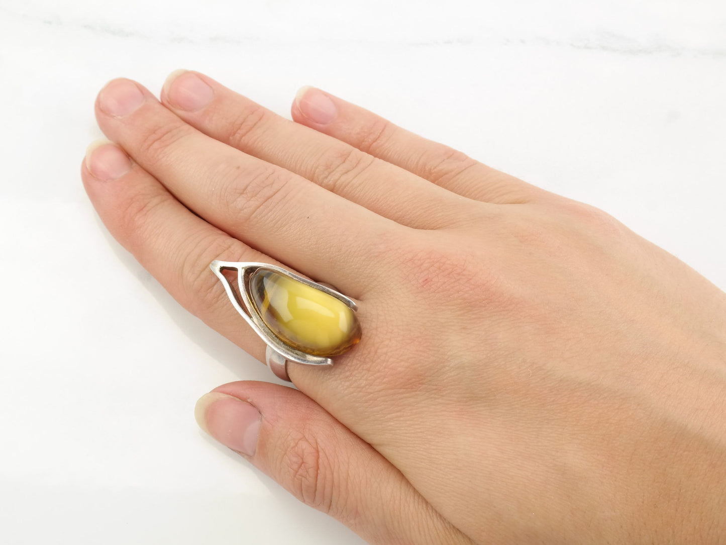 Sterling Silver Amber Ring Modernist Abstract Size 7