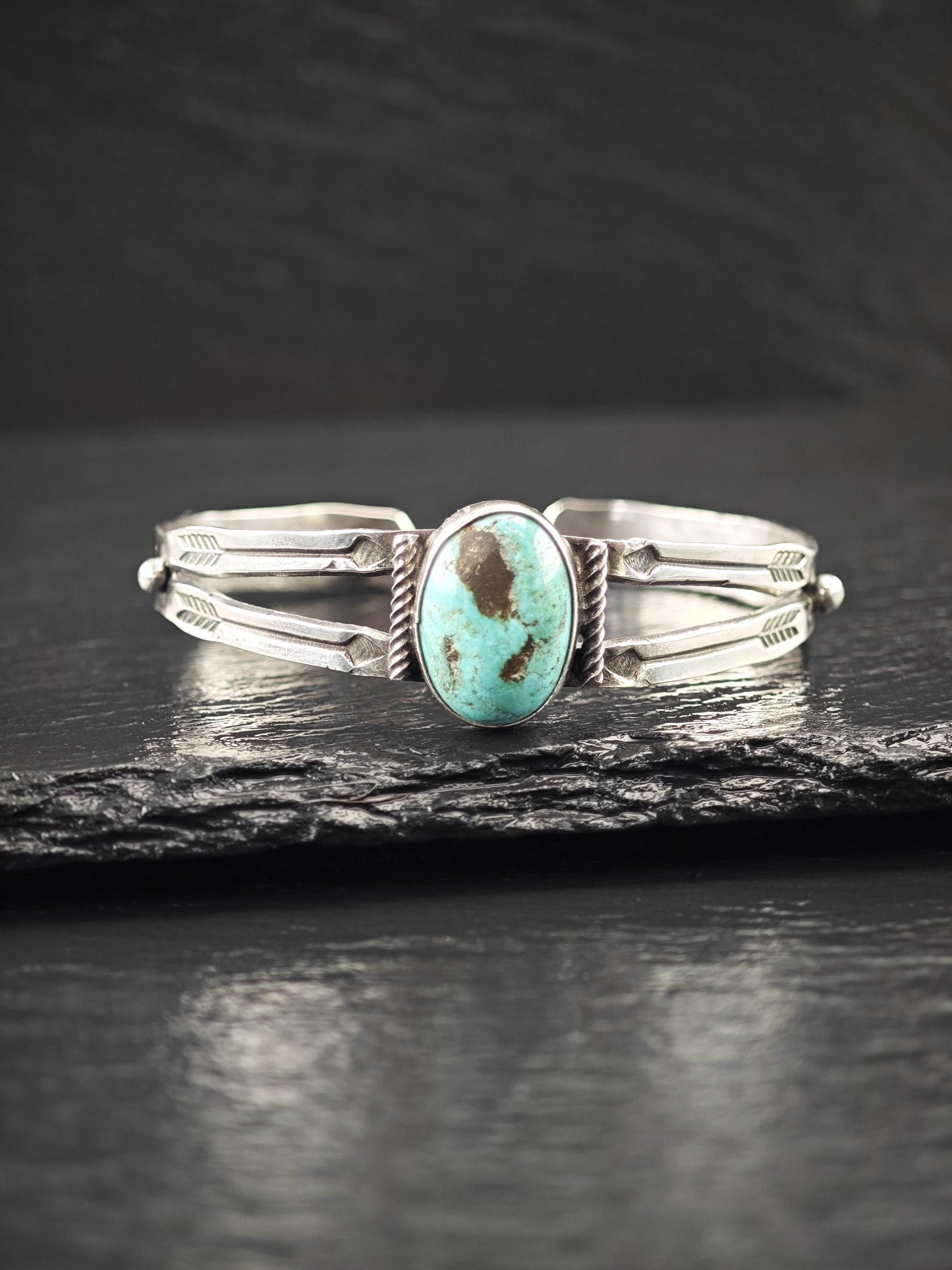 Curio Native American, Stamped Natural Turquoise Cuff Bracelet Sterling Silver