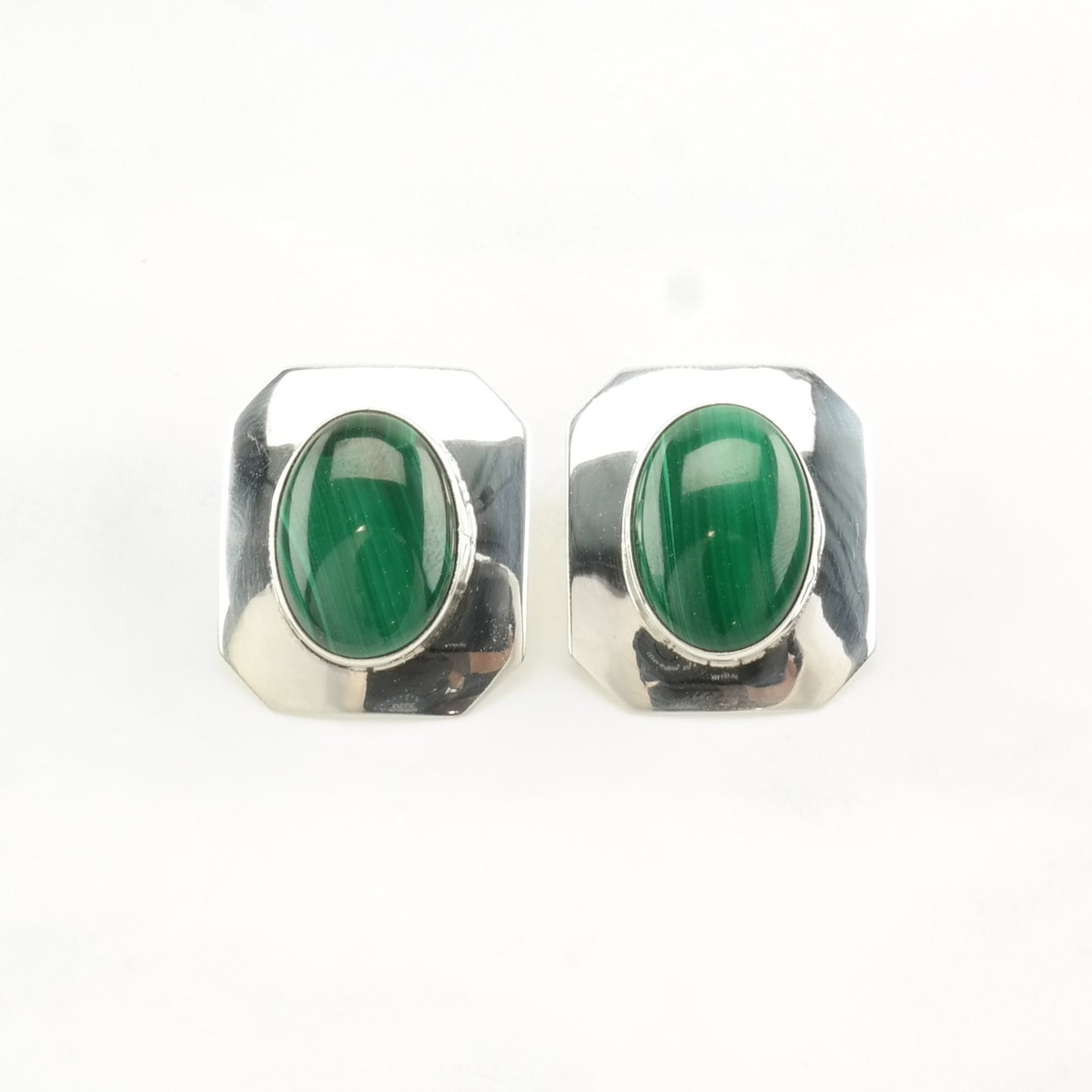 Vintage Sterling Silver Green Malachite Earrings Stud