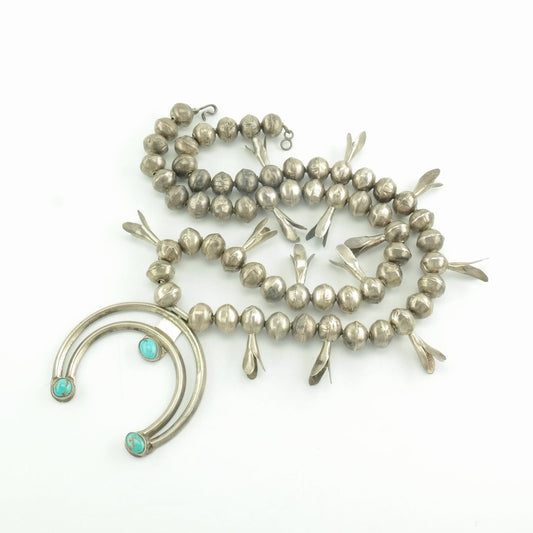 Vintage Native American Sterling Silver Turquoise Squash Blossom Necklace