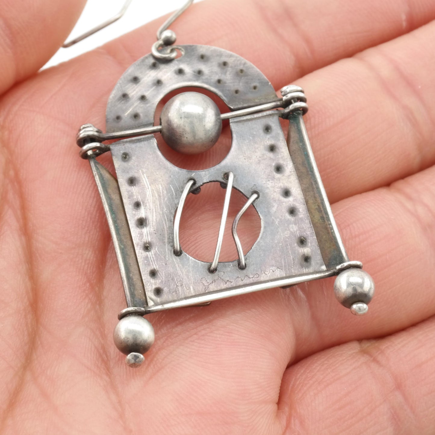 Vintage Sterling Silver Fish Hook Earrings Abstract Copper Abstract