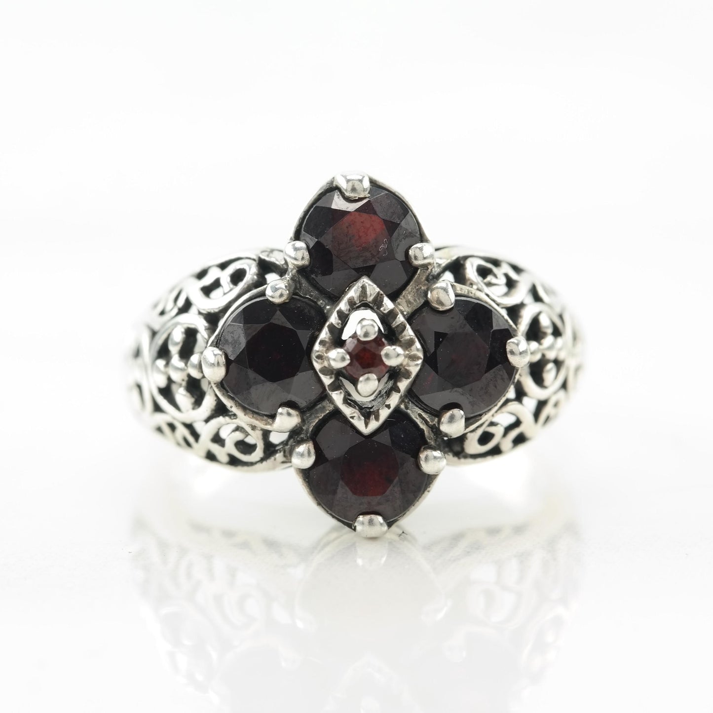 Vintage Garnet Filigree Sterling Silver Ring Red Size 5 3/4