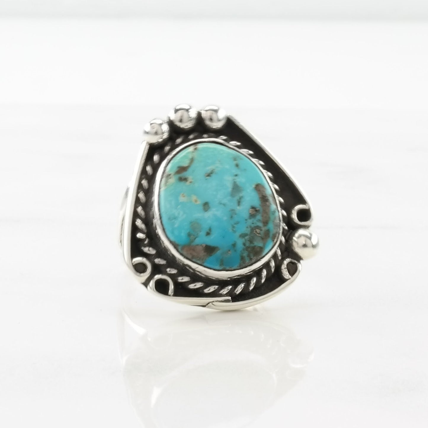 Vintage Southwest Silver Ring Turquoise Rope Details Sterling Blue Size 7