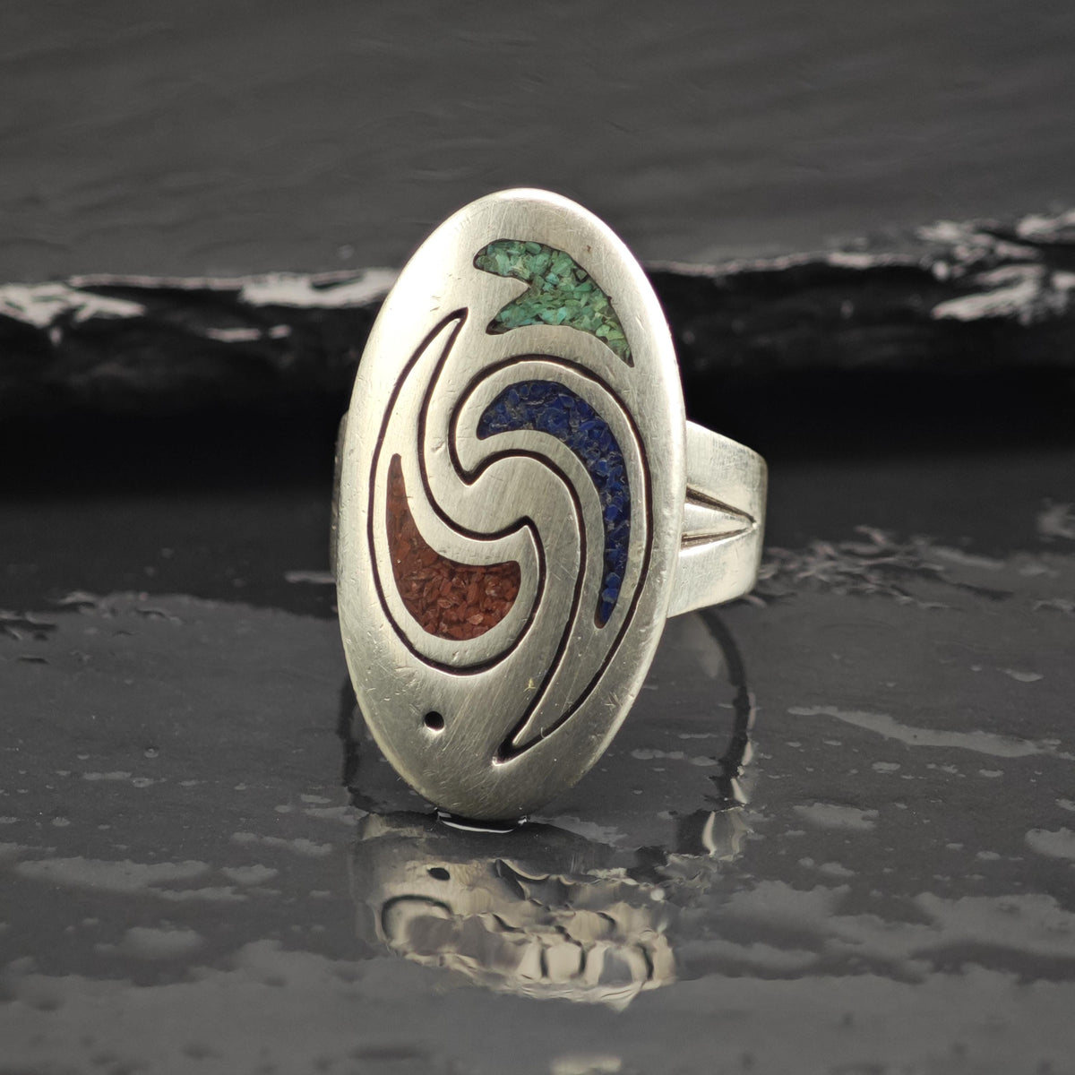 Carolyn Pollack Coral, Turquoise, Lapis Inlay Sterling Silver Ring Sz 7 3/4 R6756