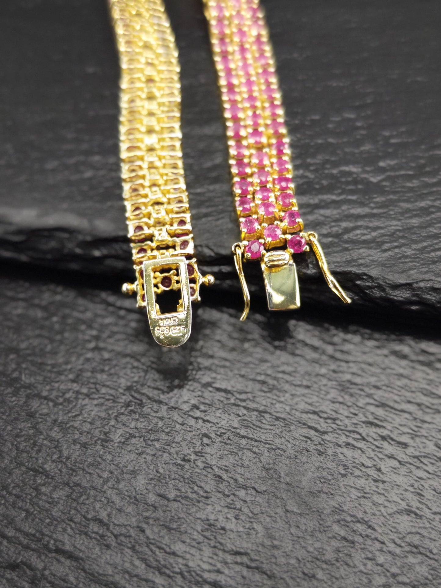 Gold Plated Lead Glass Filled Ruby Three Row Line Bracelet Sterling Silver