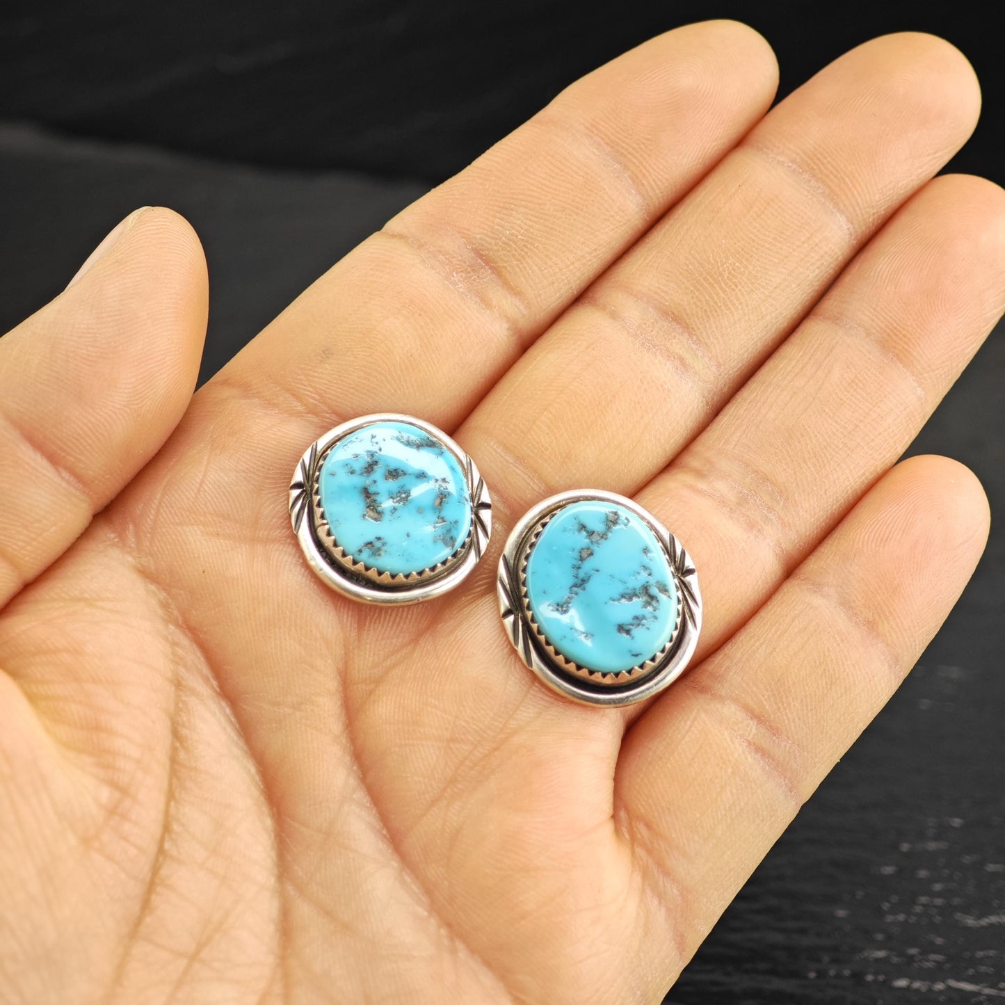 Vintage Native American Sleeping Beauty Turquoise Sterling Silver Stud Earrings ER3173