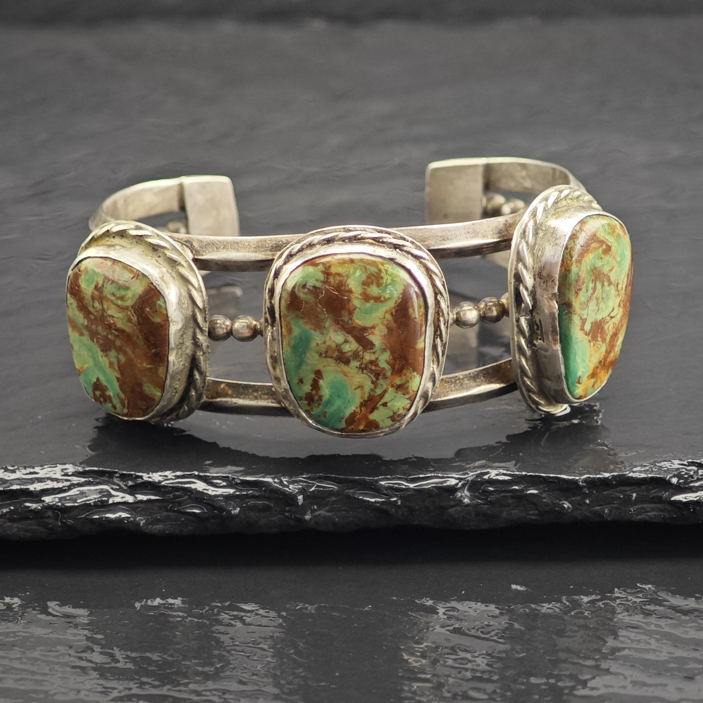 Ceremonial Kingman Turquoise Trio Sterling Silver Cuff Sz 6 " BR3137