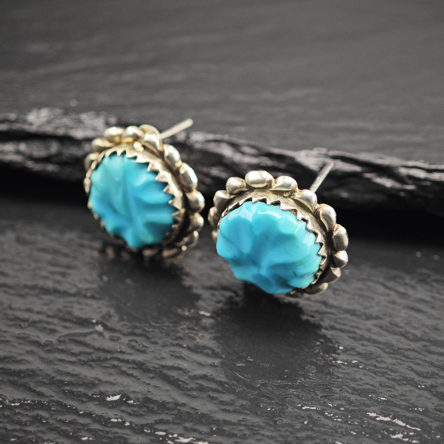 Vintage Zuni, Native American Carved Turquoise Stud/Clip On Sterling Silver Earrings ER3169