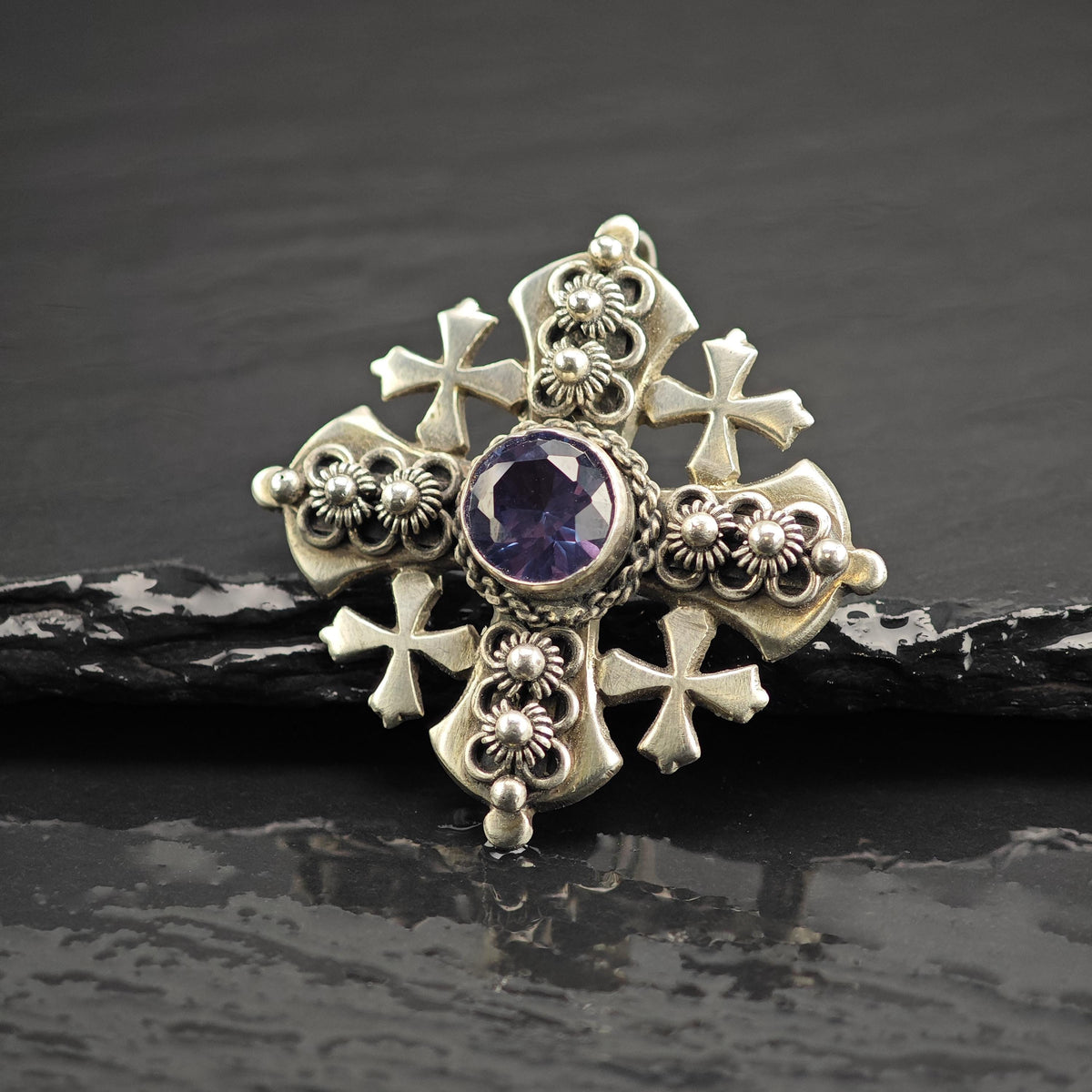 Color Change Corundum Jerusalem Cross 900 Silver Pendant/Brooch P3131