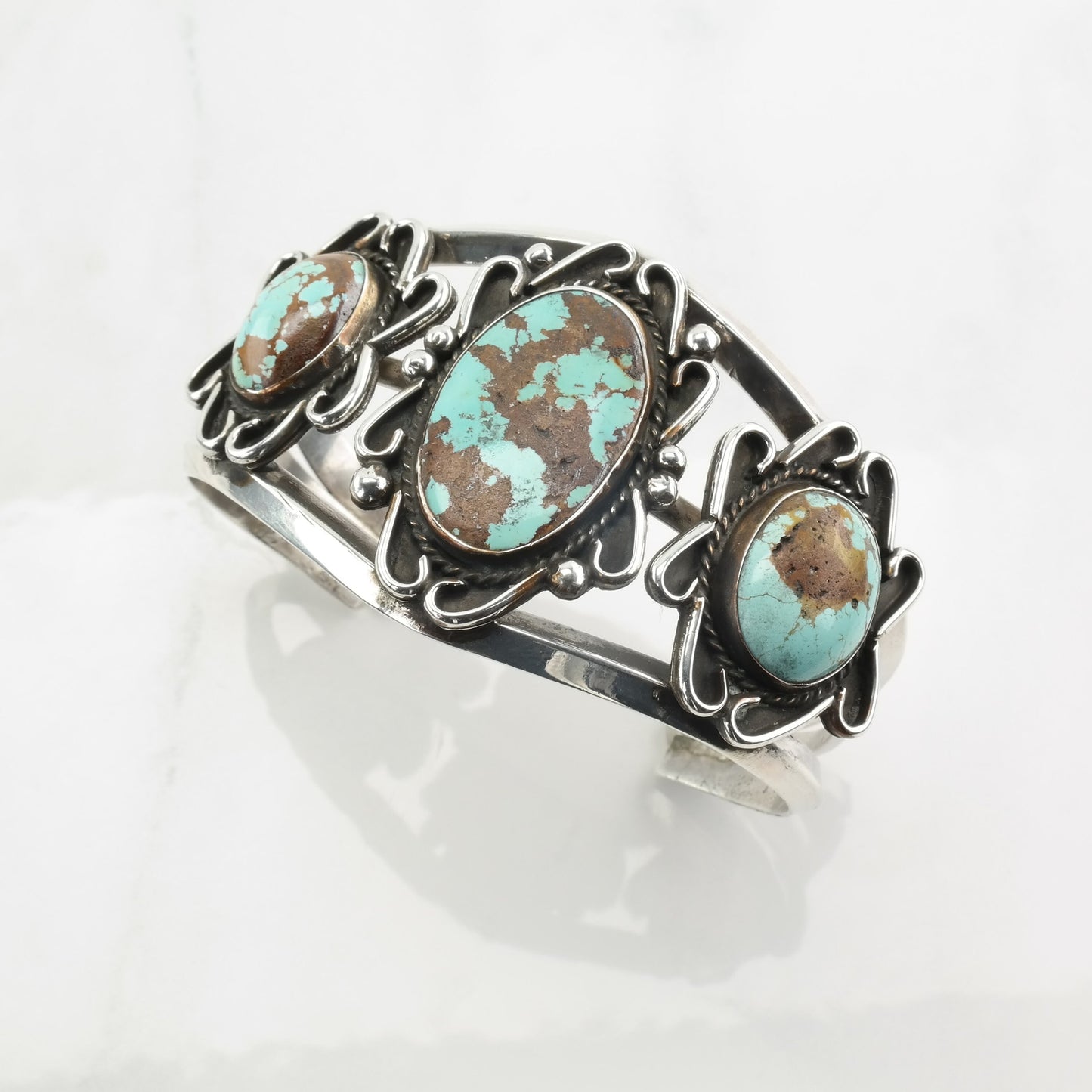 Number Eight Turquoise Native American Sterling Silver Cuff Bracelet Three Stone