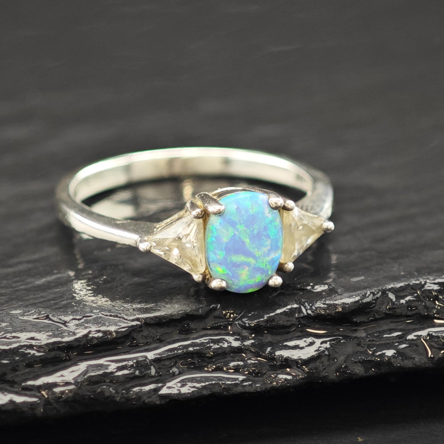 Sterling Silver Ring Lab Opal and CZ Stone Size 7 3/4 R6218