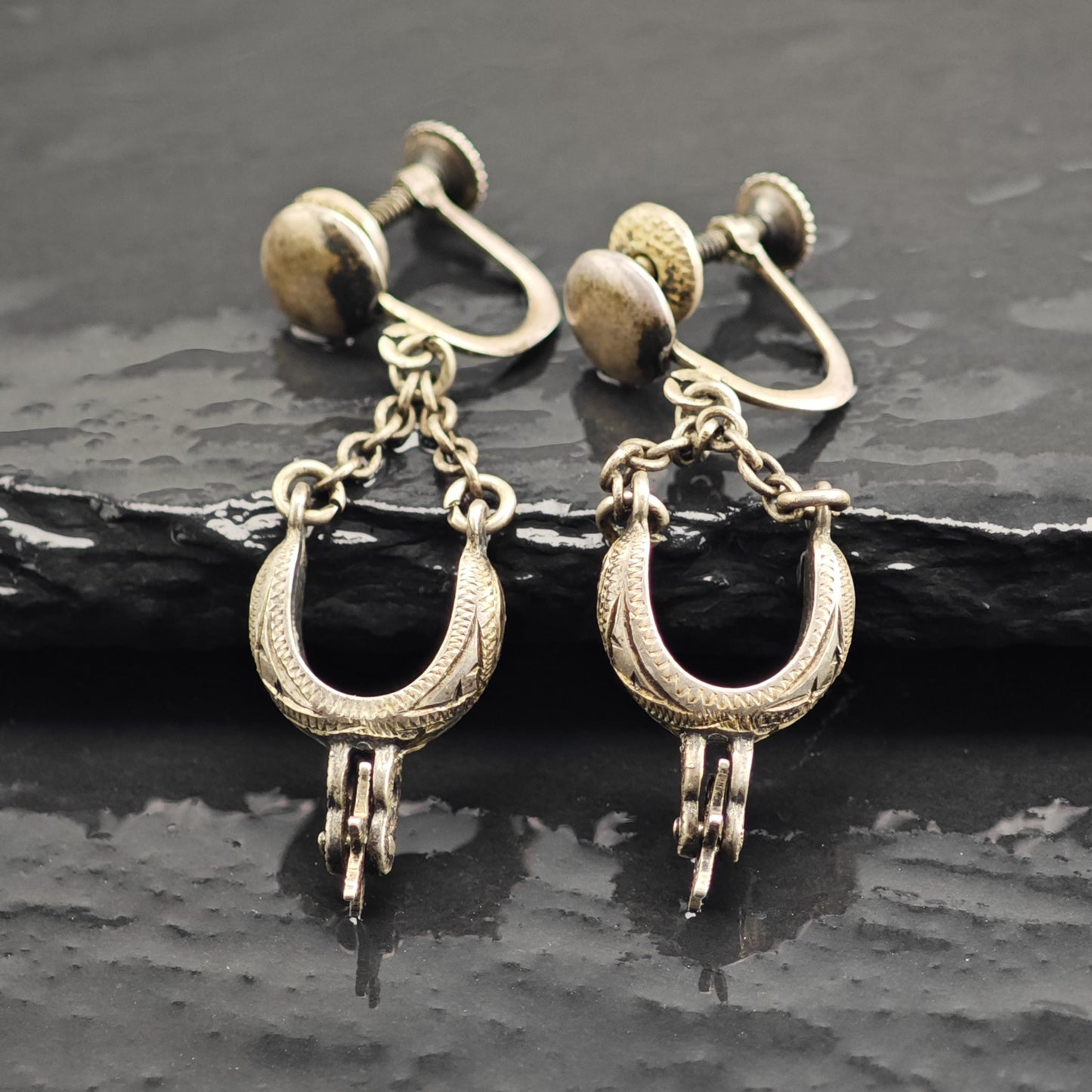 Antique Stirrups Equestrian Screw Back Sterling Silver Earrings ER3166
