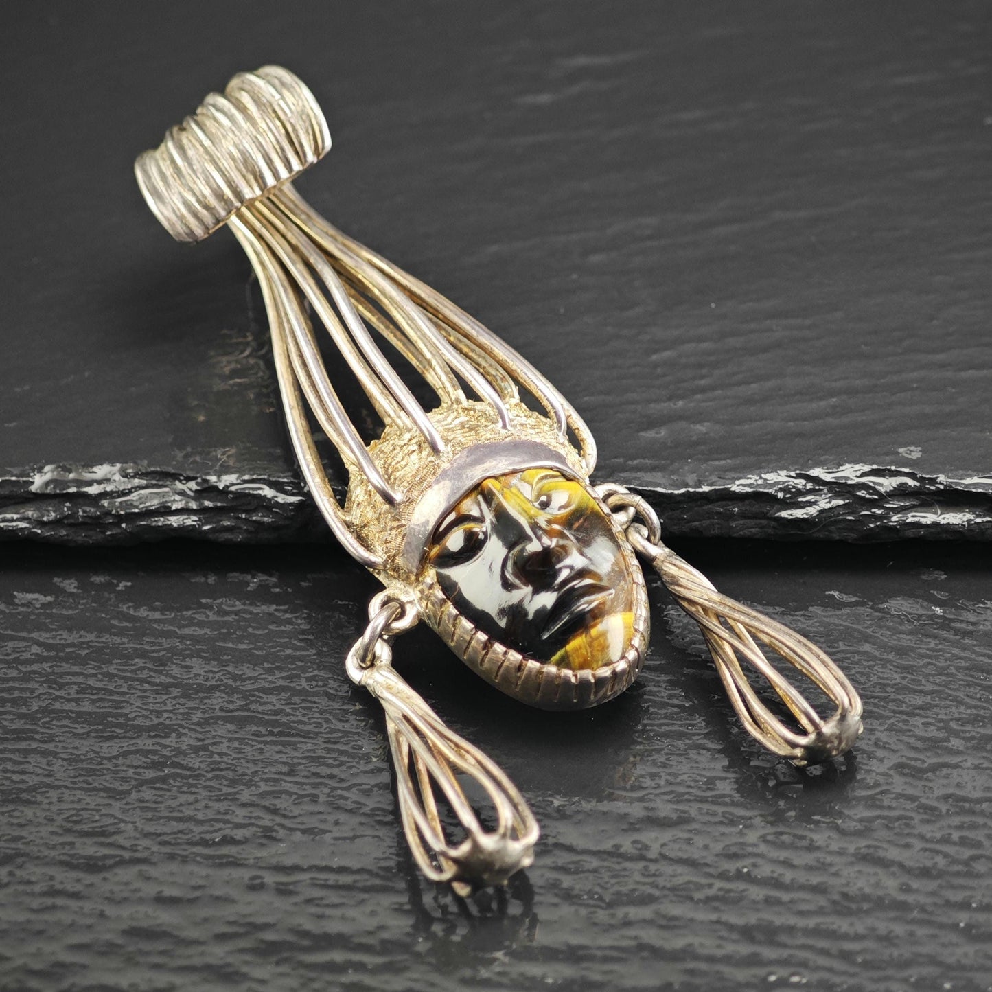 Taxco carved Tiger's Eye Aztec Warrior Pendant, Sterling Silver
