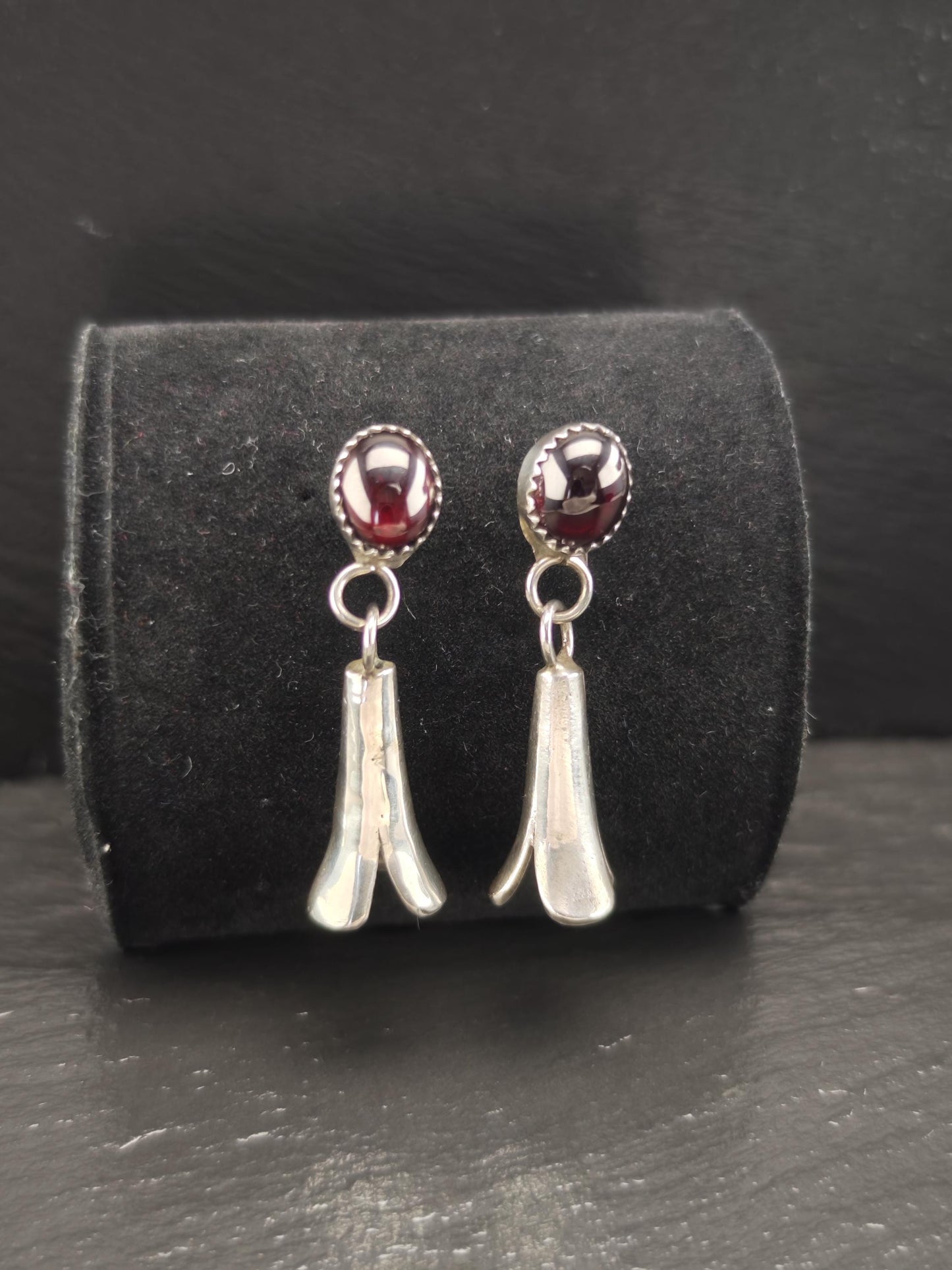 Southwest Red Dark Pyrope Garnet Squash Blossom Stud/Dangle Earrings Sterling Silver
