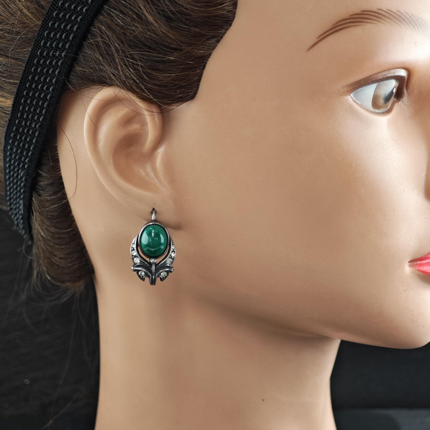 European, Art Deco St Green Malachite Rhinestone Sterling Silver Latch Earrings ER3118