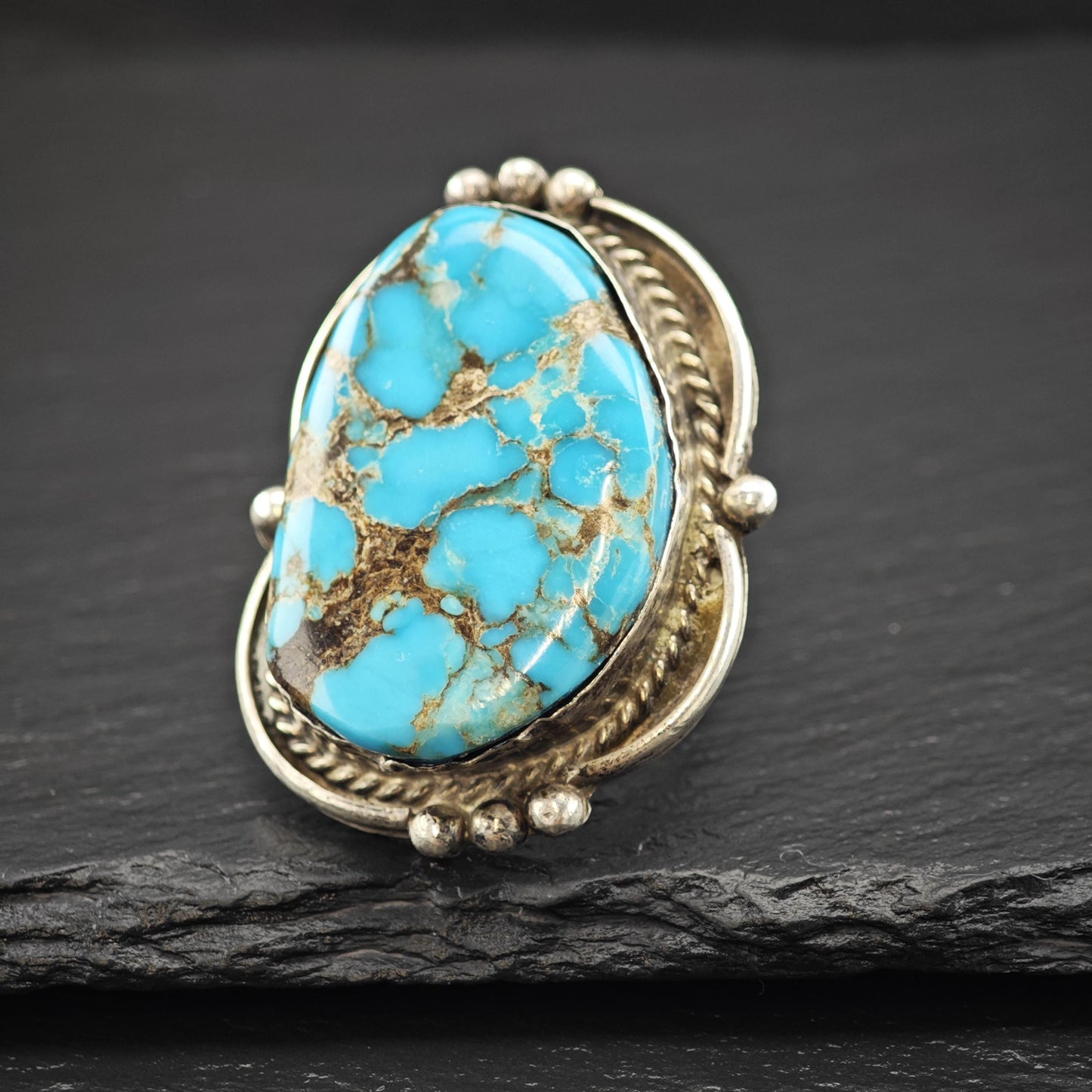 Southwest Large Spiderweb Turquoise Ring Sterling Silver Sz 9 1/4 R6034