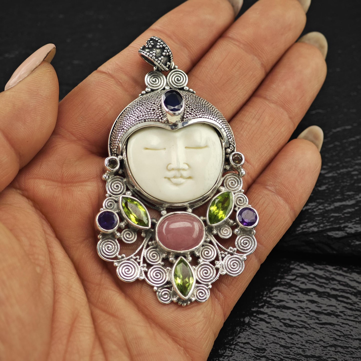 Carved Goddess Face Gemstones Pendant Sterling Silver P2806