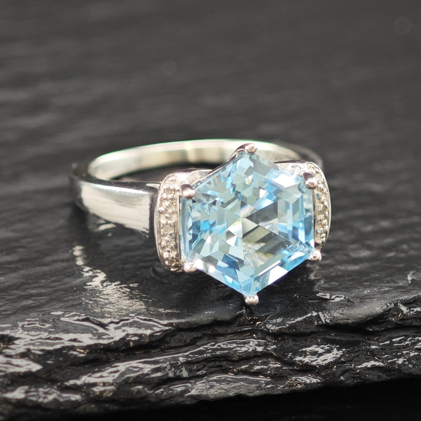 Blue BBJ Topaz Sterling Silver Ring Diamond Accents Size 7 R6201