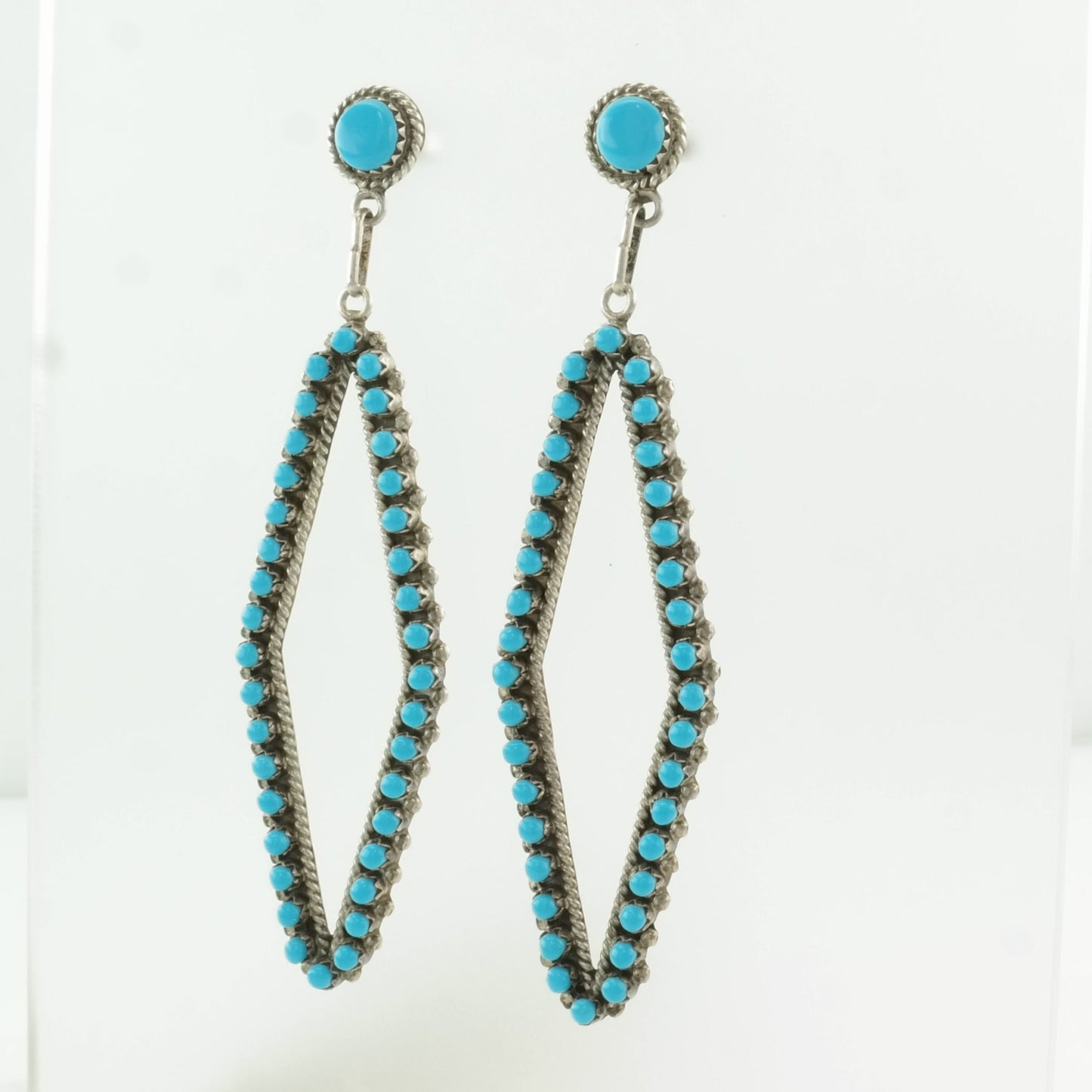 Native American Sterling Silver Blue Turquoise Petit Point, Long Earrings Stud, Dangle