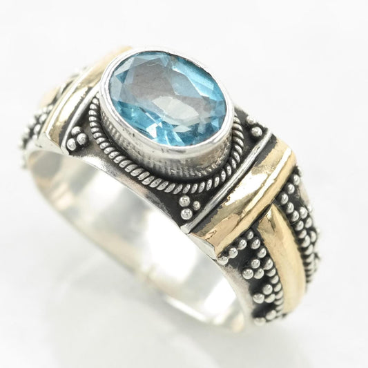Vintage Blue Topaz Sterling Silver Ring Gold Tone Size 5 1/2