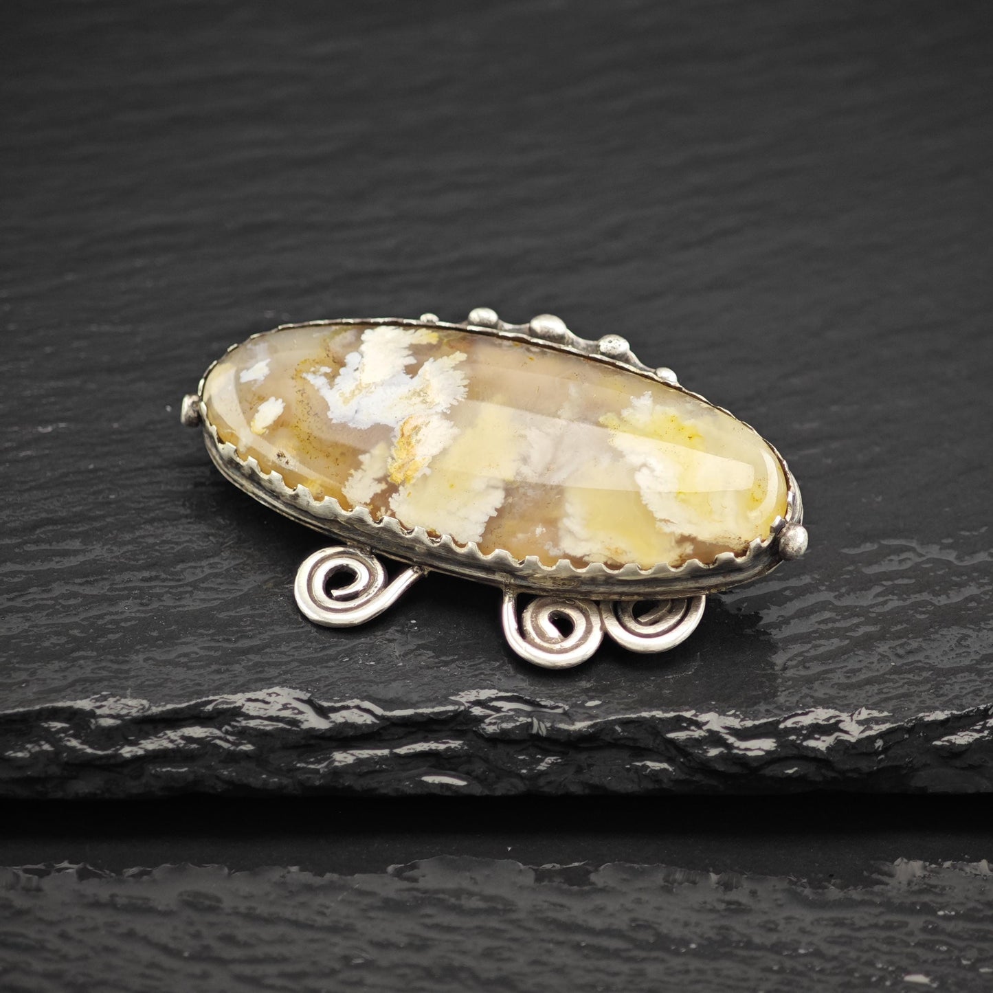 Vintage Brown Oval, Moss Agate Sterling Silver Brooch