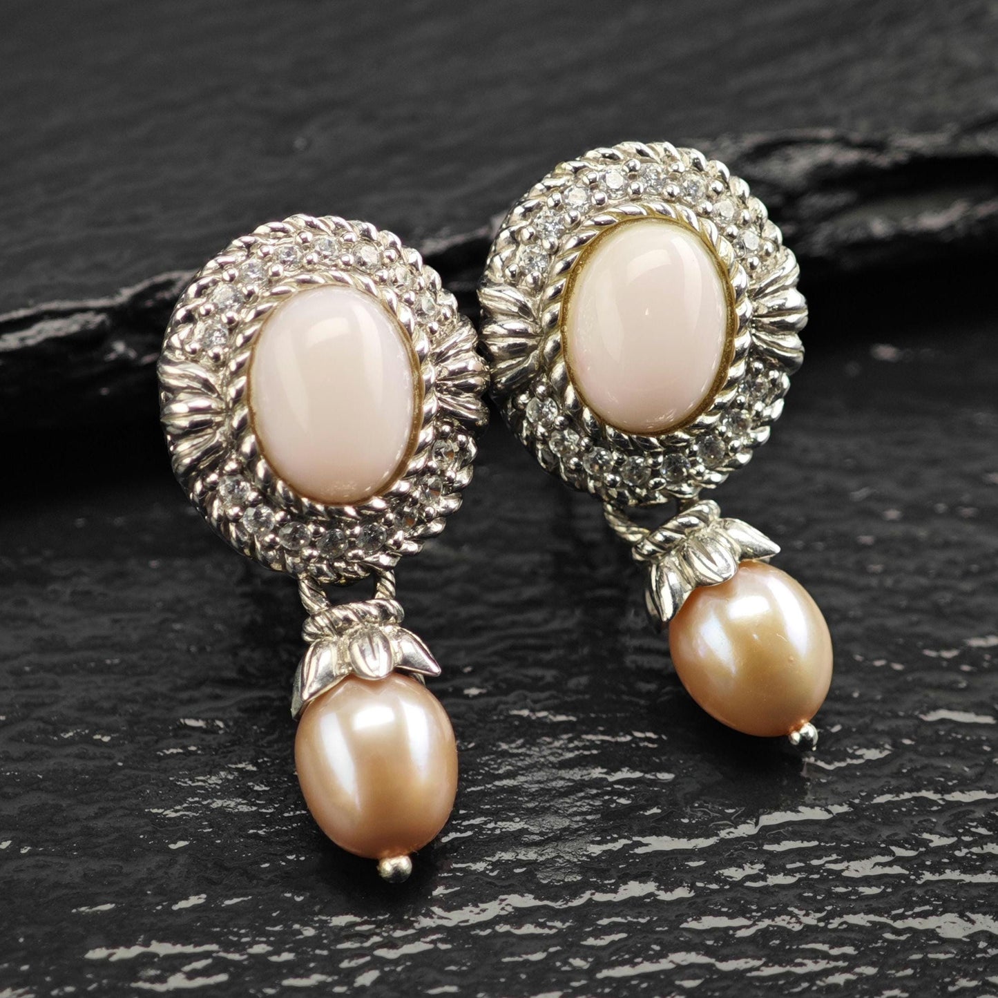 Vintage Judith Ripka Pink Cabochon, Pearl, CZ Omega Back Sterling Silver Earrings ER3195