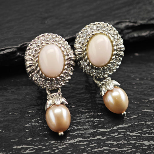 Vintage Judith Ripka Pink Cabochon, Pearl, CZ Omega Back Sterling Silver Earrings ER3195