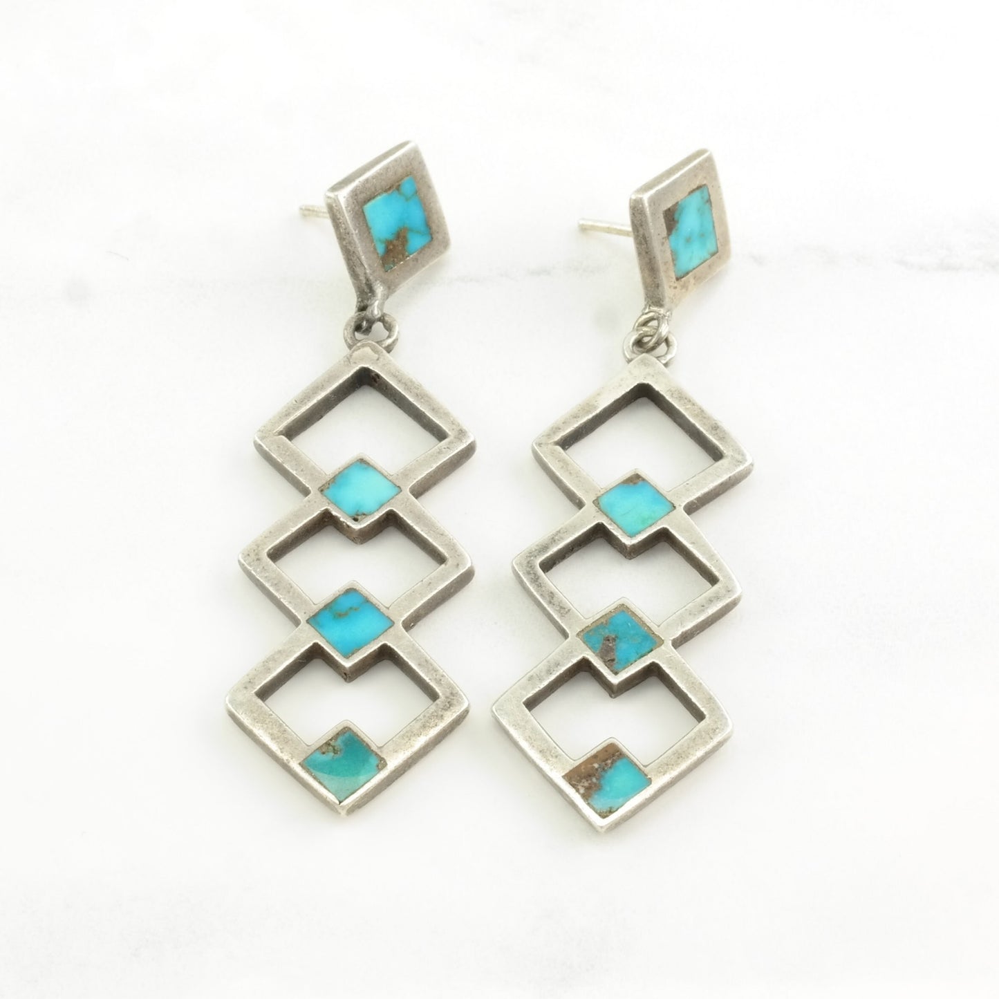 Historic Zuni Bisbee Turquoise Inlay Sterling Silver Stud Dangle Earrings