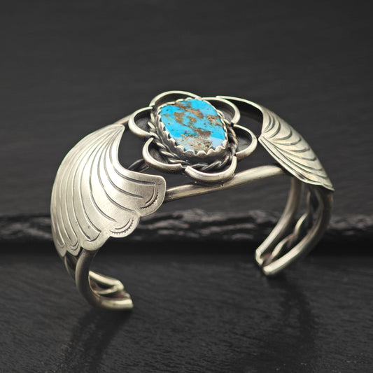 Signed Native American Bisbee Turquoise Floral Cuff Bracelet Sterling Silver