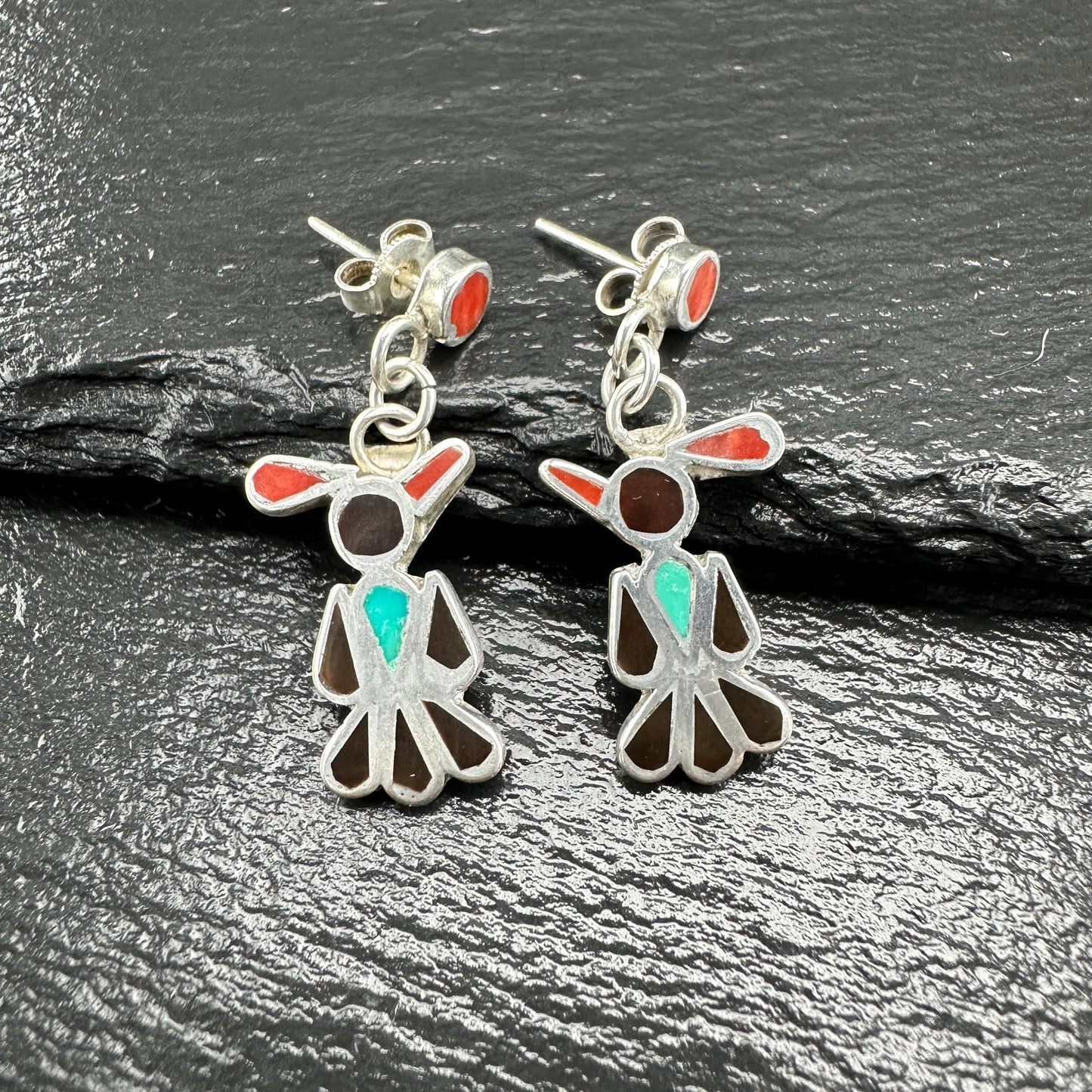 Zuni, Native American Inlay, Turquoise, Coral, Jet Thunderbird Stud/Dangle Earrings Sterling Silver