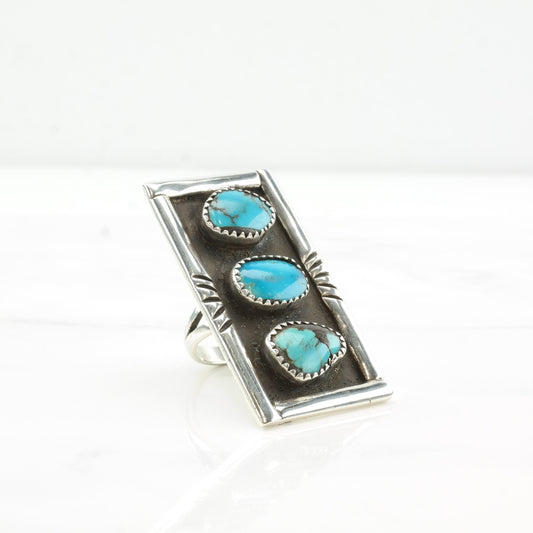 Native American Silver Ring Turquoise Three Stone Shadowbox Long Rectangle Sterling Size 5 1/4