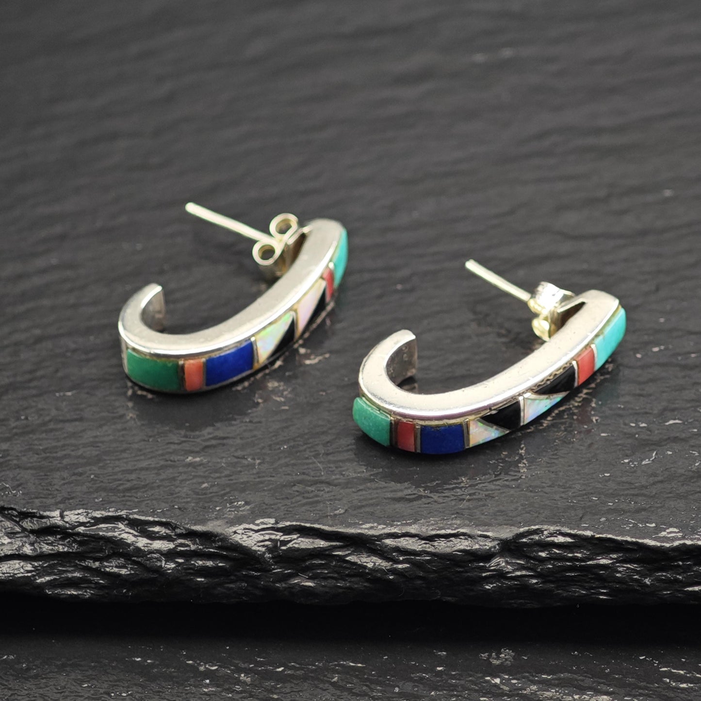 Turquoise, Coral, Lab Opal, Jet, Lapis Inlay Sterling Silver Earrings ER3115