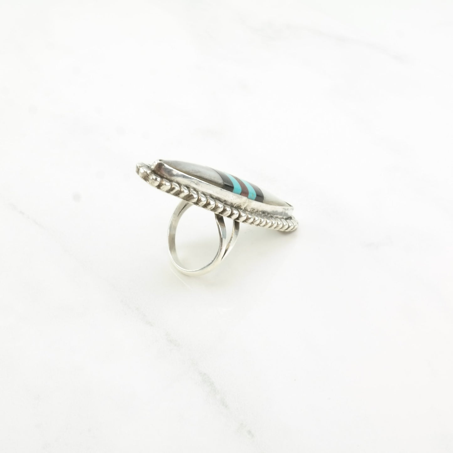 Zuni Silver Ring MOP Onyx Turquoise Navette Long Oval Inlay Sterling Size 6 1/2