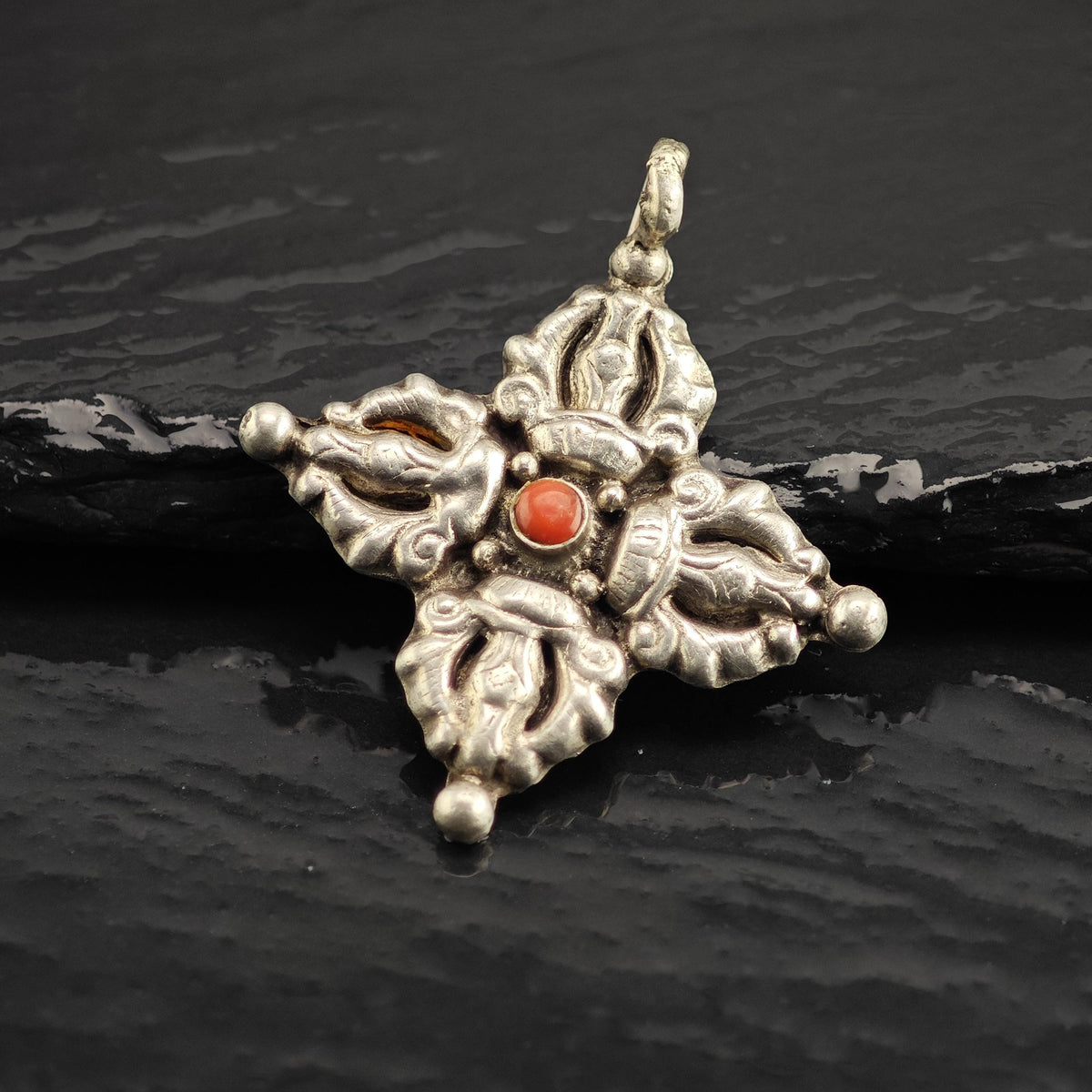 Etruscan Coral Cross Sterling Silver Pendant P3144