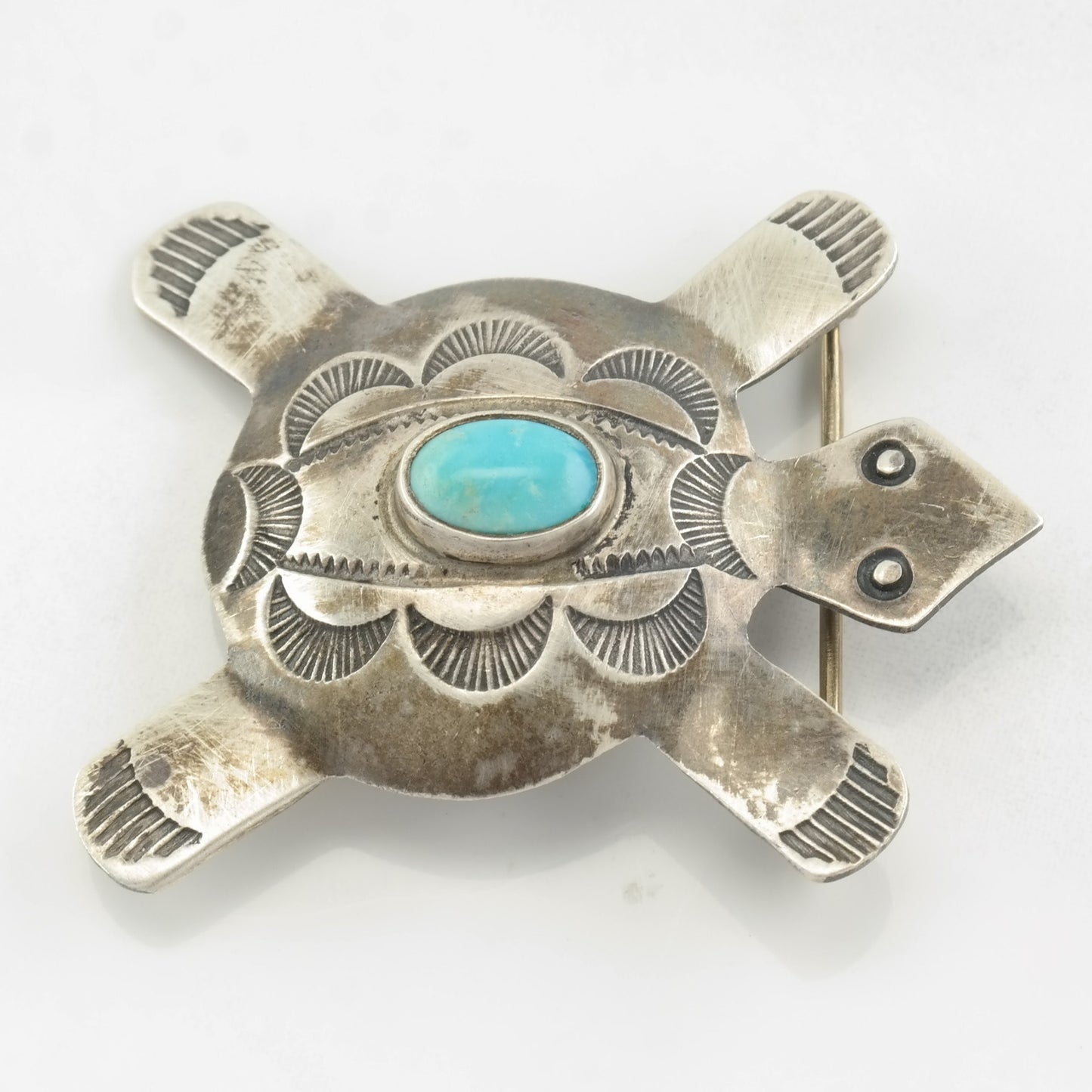 Native American Brooch Turtle, Stamped Turquoise Sterling Silver