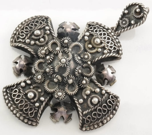 Vintage Mexican Jerusalem Cross Ornate, Filigree Sterling Silver Pendant