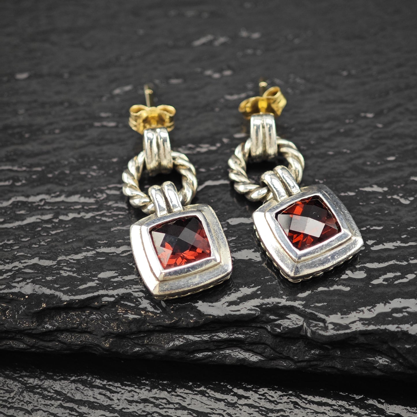 Vintage David Yurman Red Garnet, Two-tone, 10k & 14K Gold Post Sterling Silver Stud/Dangle Earrings