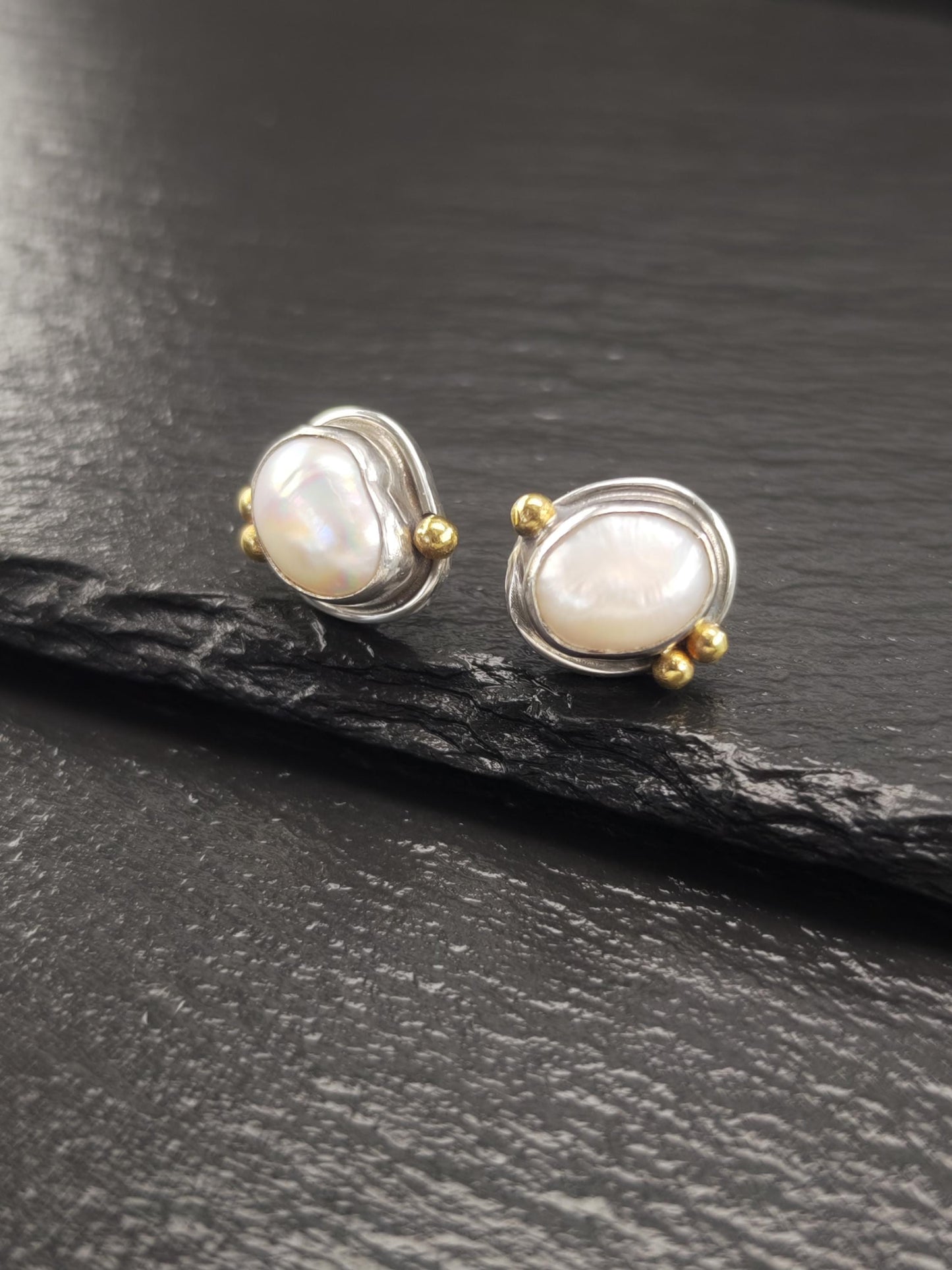 Vintage Sterling Silver Stud Earrings with 22K Gold Pearl Designer Elegance