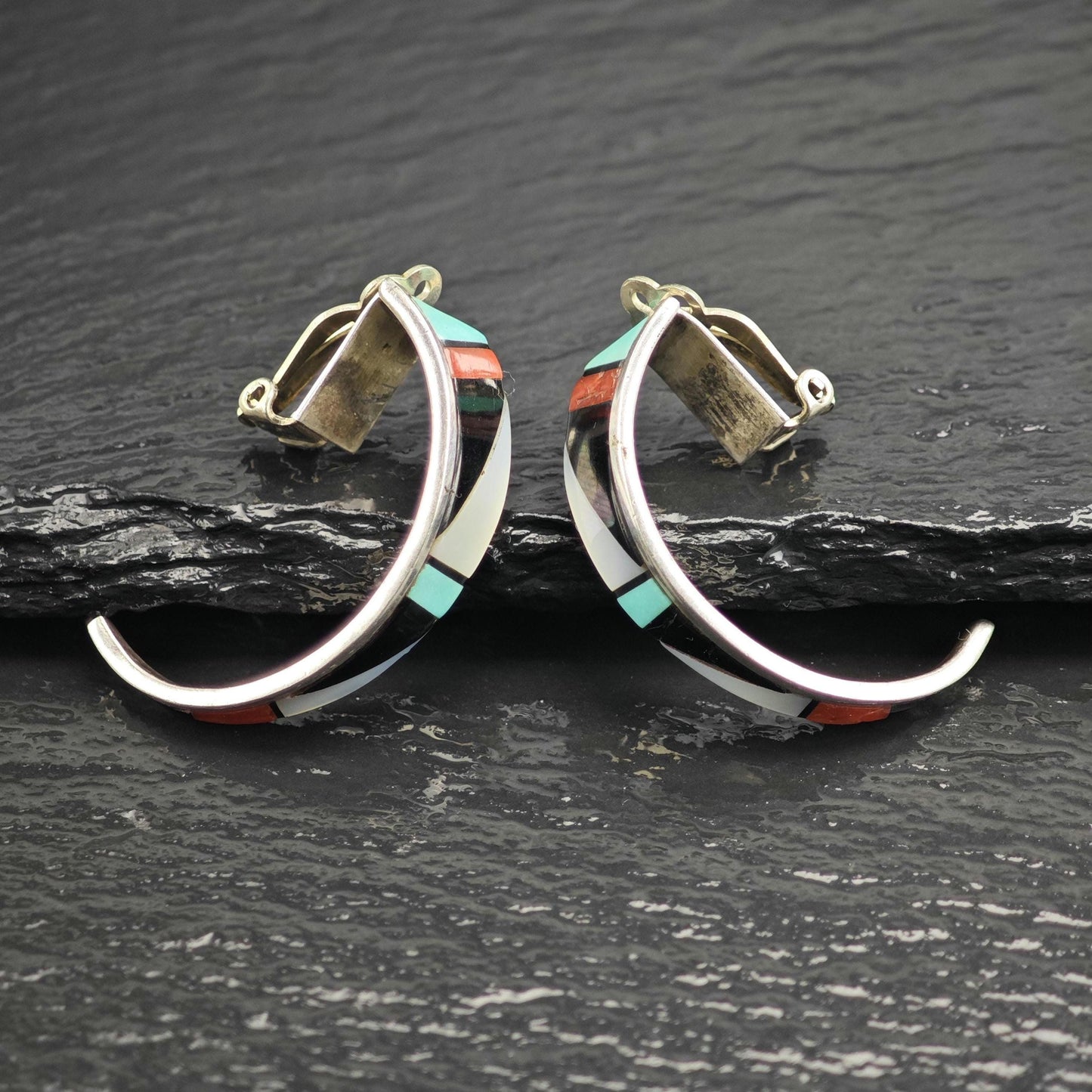 Vintage Native American Zuni Inlay, Half Hoop Clip On Earrings Sterling Silver ER3107