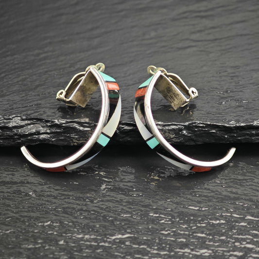Vintage Native American Zuni Inlay, Half Hoop Clip On Earrings Sterling Silver ER3107
