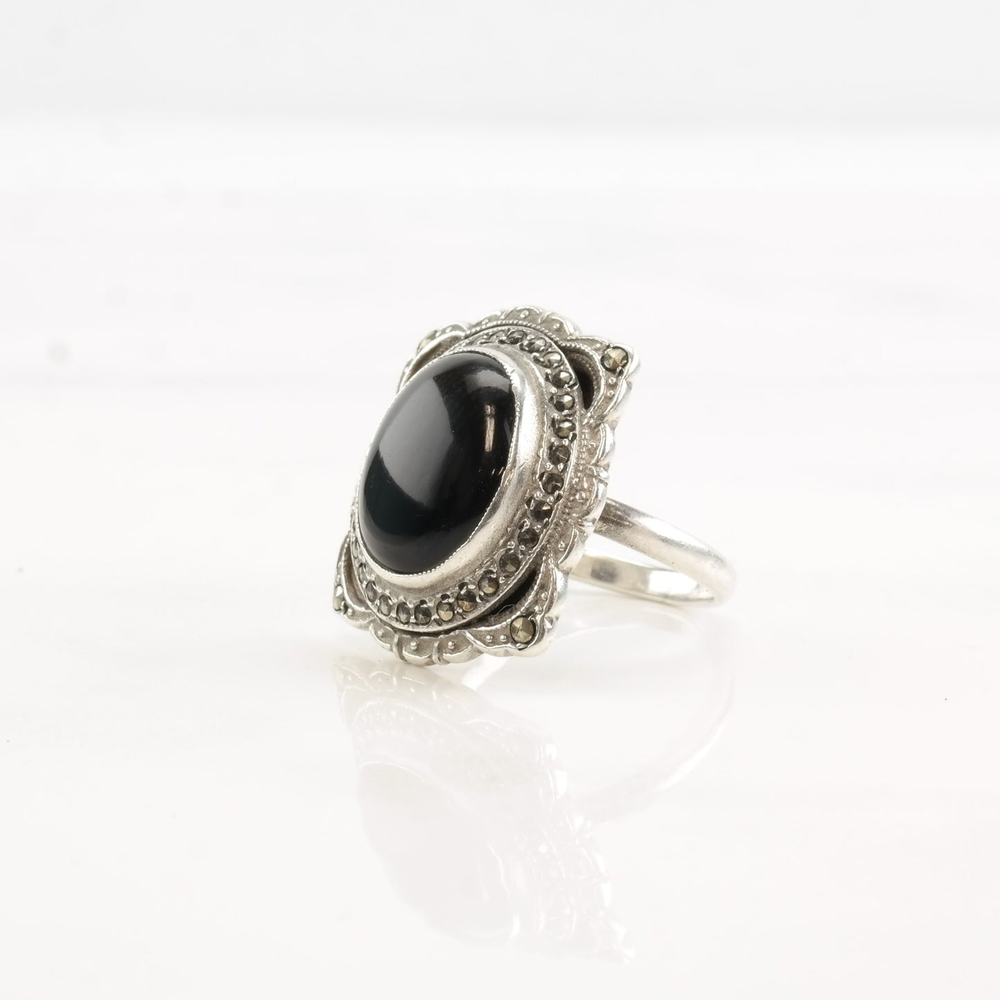 Art Deco Silver Ring Onyx Marcasite Oval Sterling Black Size 4 1/2