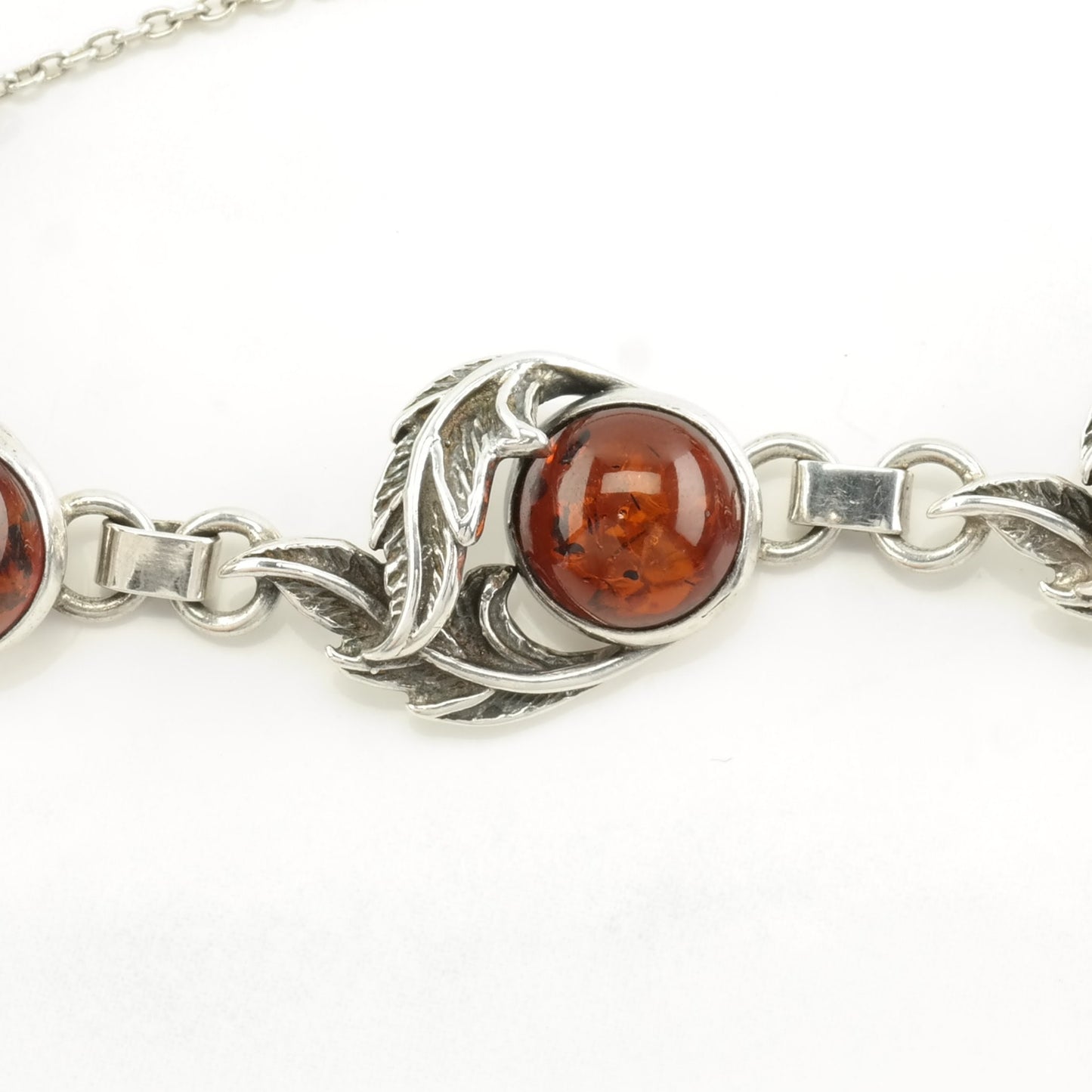 Vintage Art Nouveau Style Sterling Silver Link Bracelet Reddish Orange Amber Floral