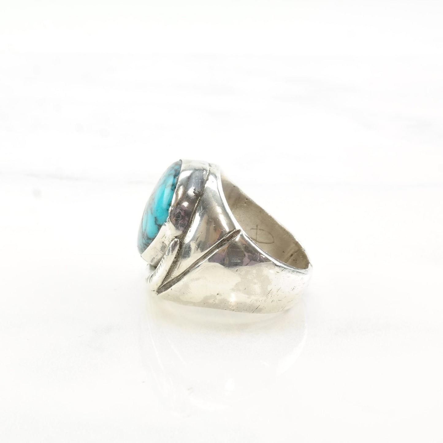 Native American Silver Ring Lone Mountain Spiderweb Turquoise Hairline Crack Sterling Size 8 1/4