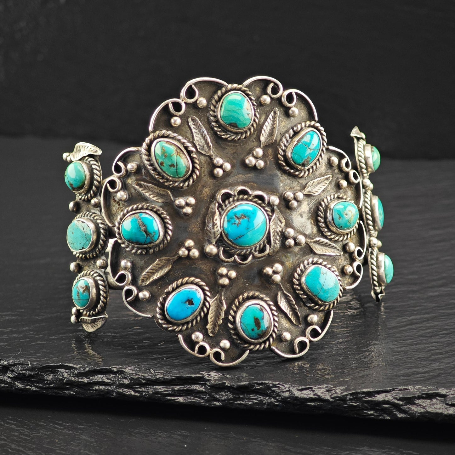 Large Turquoise Floral Cuff Bracelet Native American Sterling Silver