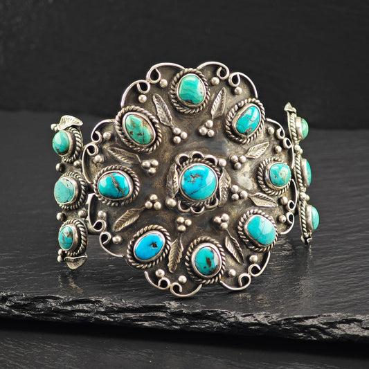 Large Turquoise Floral Cuff Bracelet Native American Sterling Silver