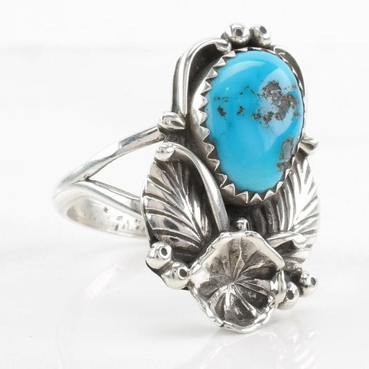 Vintage Navajo Sterling Silver Ring, Turquoise Floral Blue Size 8