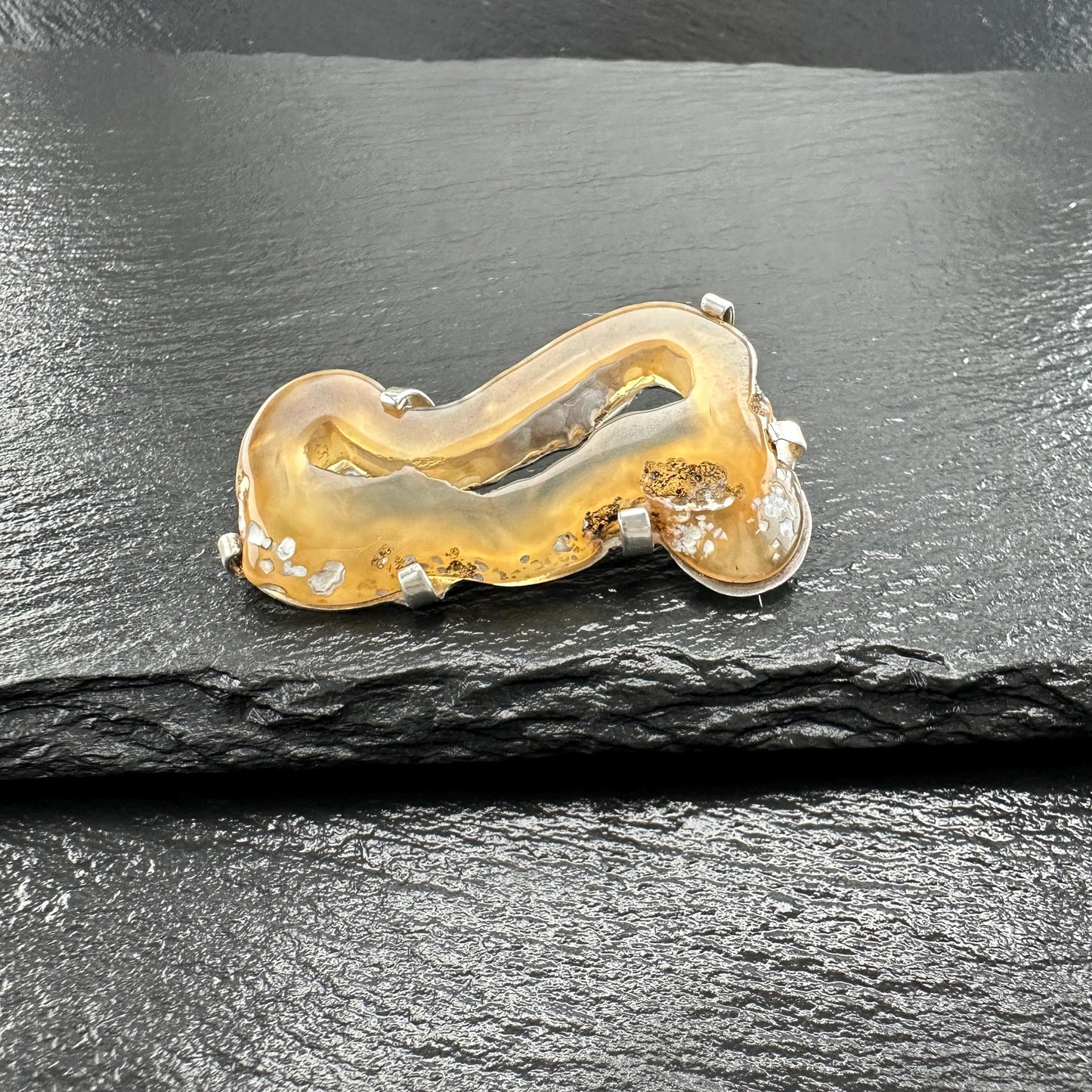 Vintage Tan Clear, Abstract Agate Brooch Sterling Silver