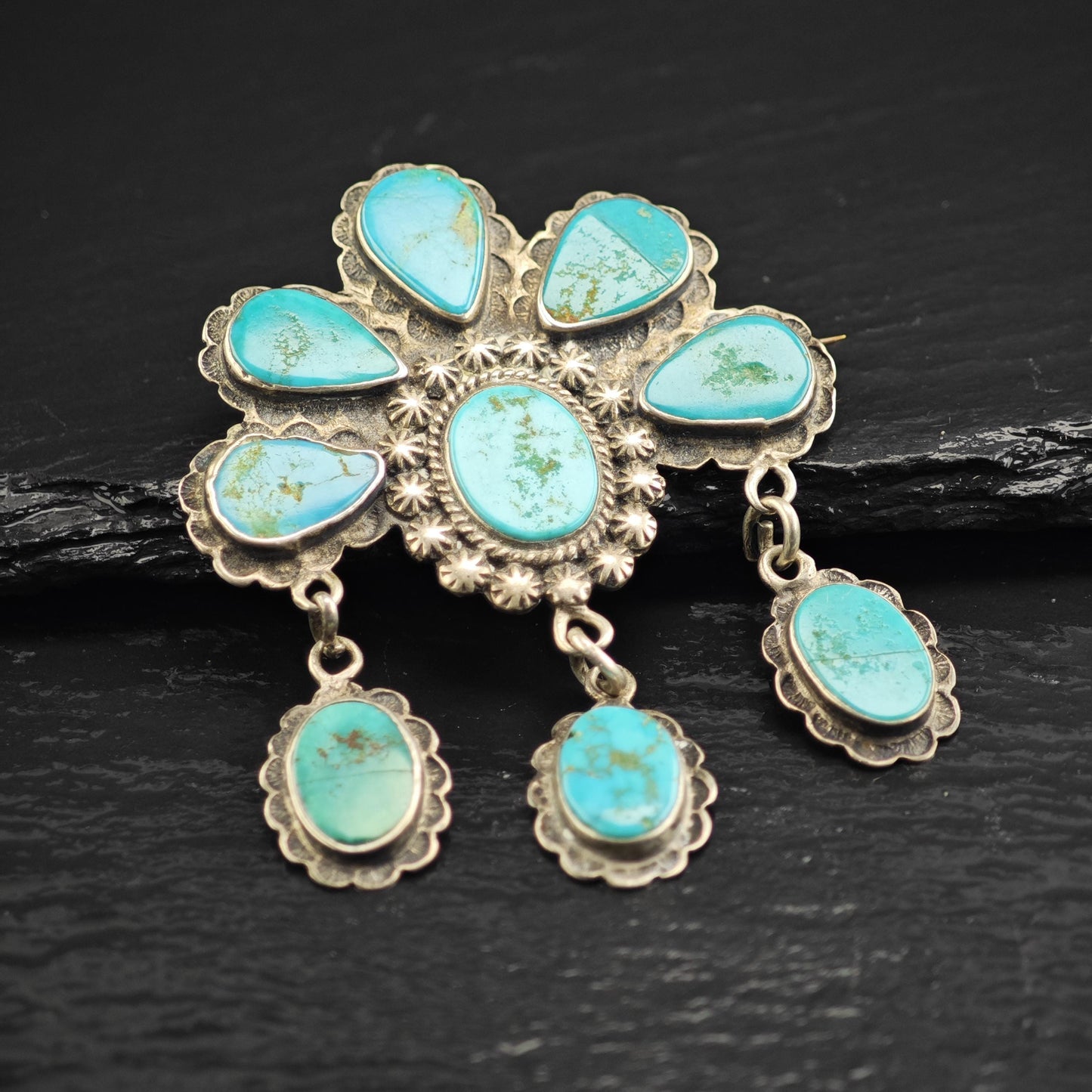 Historic, Native American Turquoise Sterling Silver Brooch