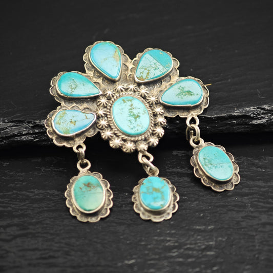 Historic, Native American Turquoise Sterling Silver Brooch